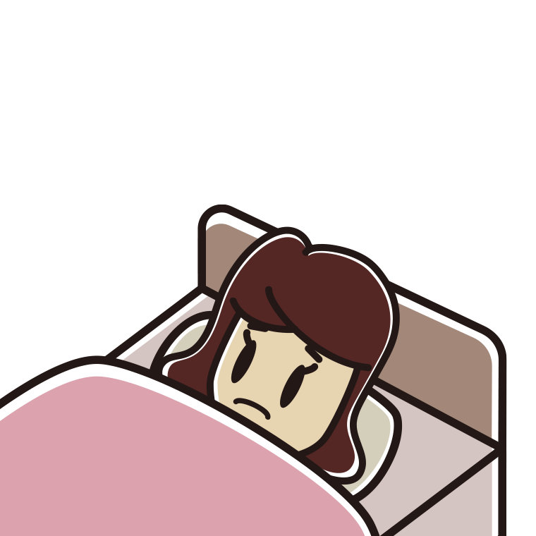 ベッドで寝ながら困る女子高校生のイラスト【色あり、背景なし】透過PNG
