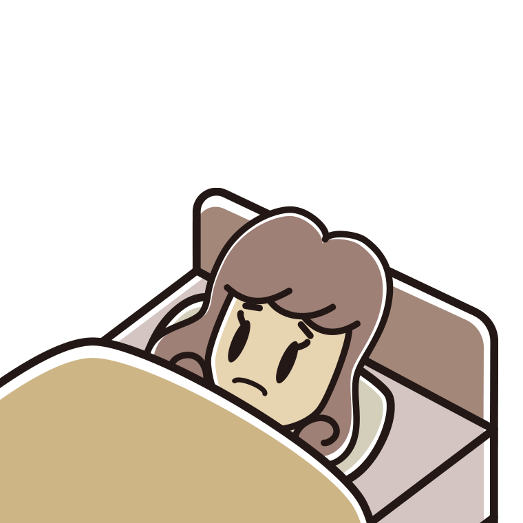 ベッドで寝ながら困る女子大学生のイラスト【色あり、背景なし】透過PNG
