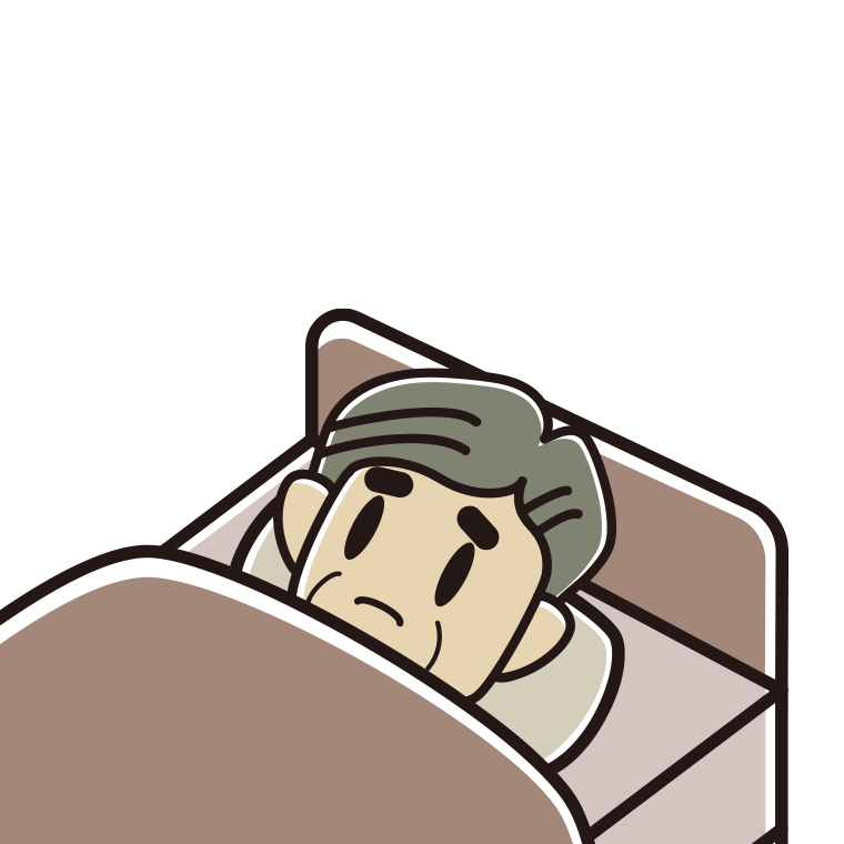 ベッドで寝ながら困るおじさんのイラスト【色あり、背景なし】透過PNG