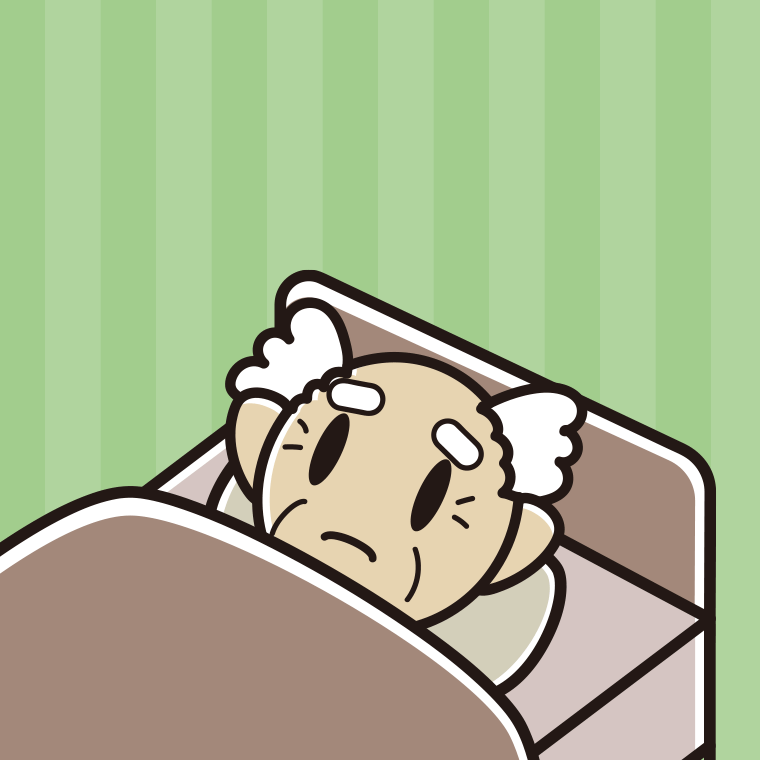 ベッドで寝ながら困るおじいさんのイラスト【色、背景あり】PNG