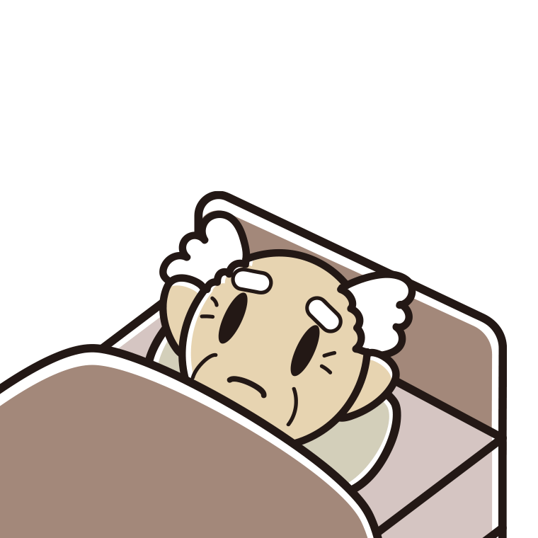 ベッドで寝ながら困るおじいさんのイラスト【色あり、背景なし】透過PNG