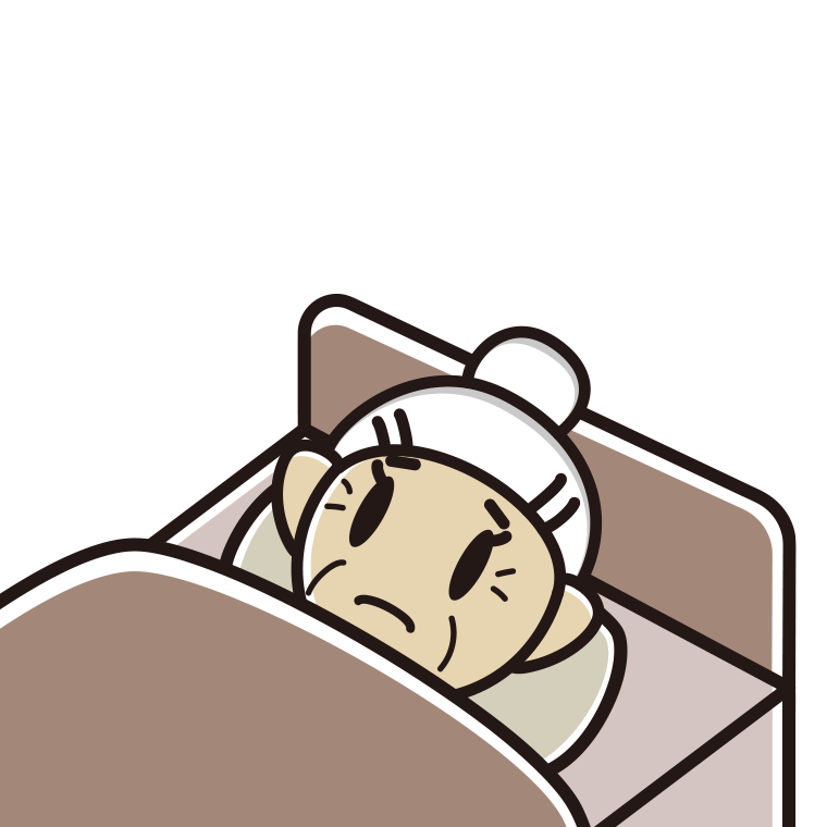 ベッドで寝ながら困るおばあさんのイラスト【色あり、背景なし】透過PNG