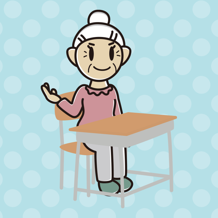 教室の席で案内するおばあさんのイラスト【色、背景あり】PNG