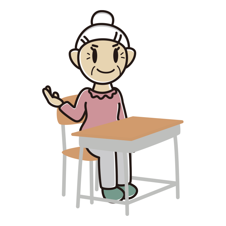 教室の席で案内するおばあさんのイラスト【色あり、背景なし】透過PNG