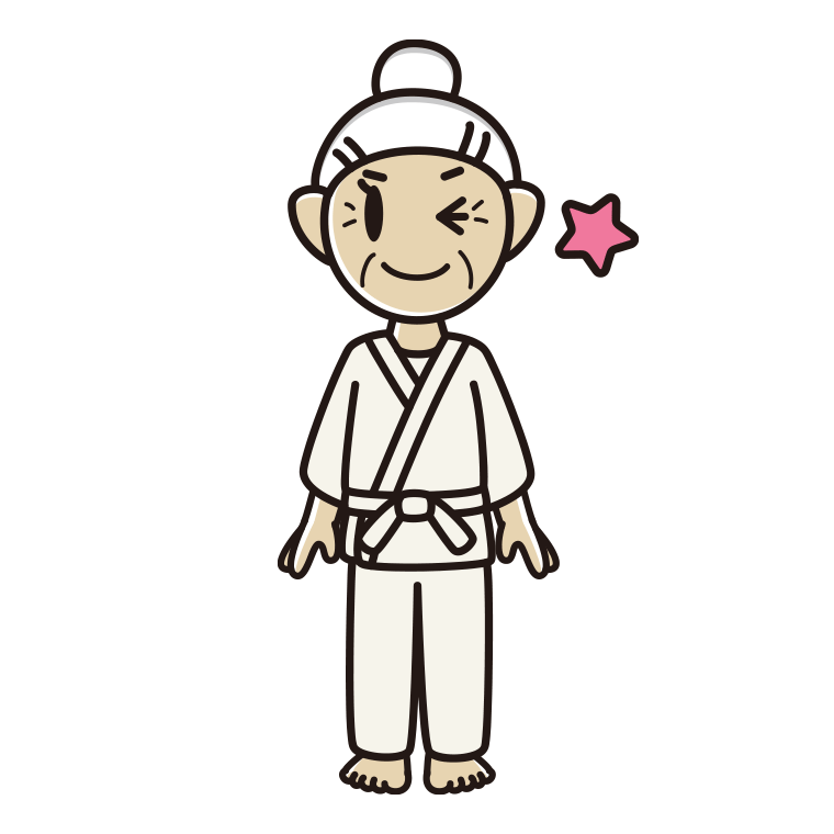 ウインクする道着のおばあさんのイラスト【色あり、背景なし】透過PNG