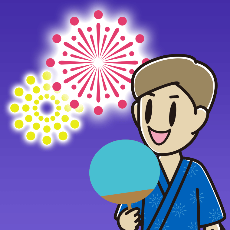 花火を見る男性のイラスト【色、背景あり】PNG