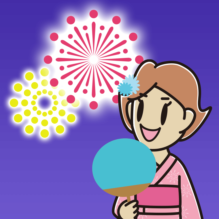 花火を見る女性のイラスト【色、背景あり】PNG