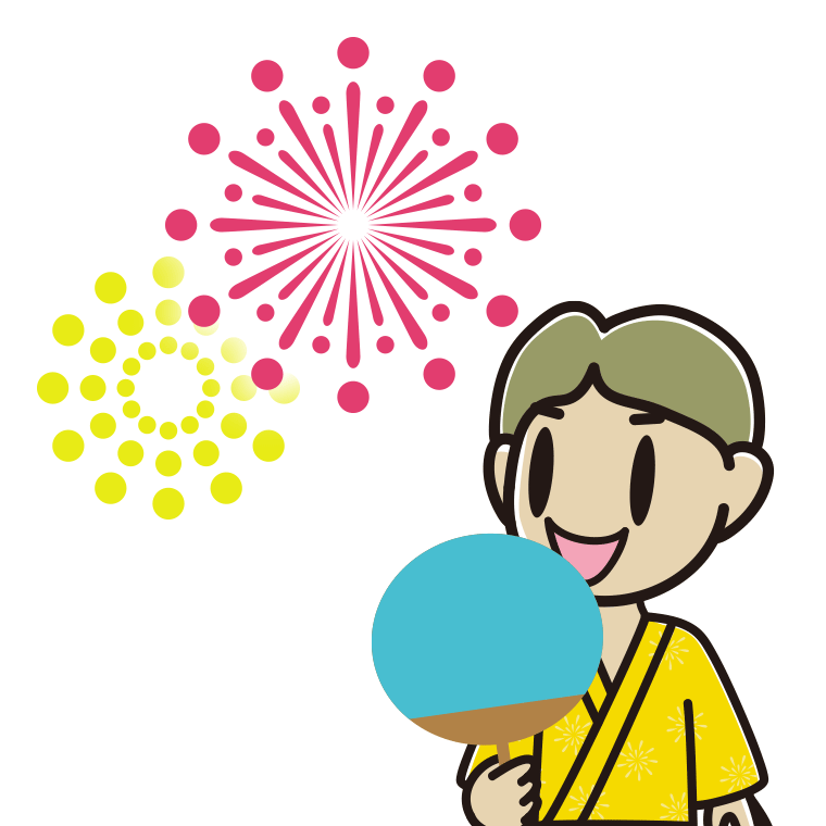 花火を見る小学生男子のイラスト【色あり、背景なし】透過PNG