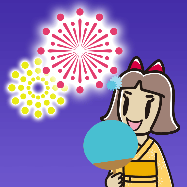 花火を見る小学生女子のイラスト【色、背景あり】PNG