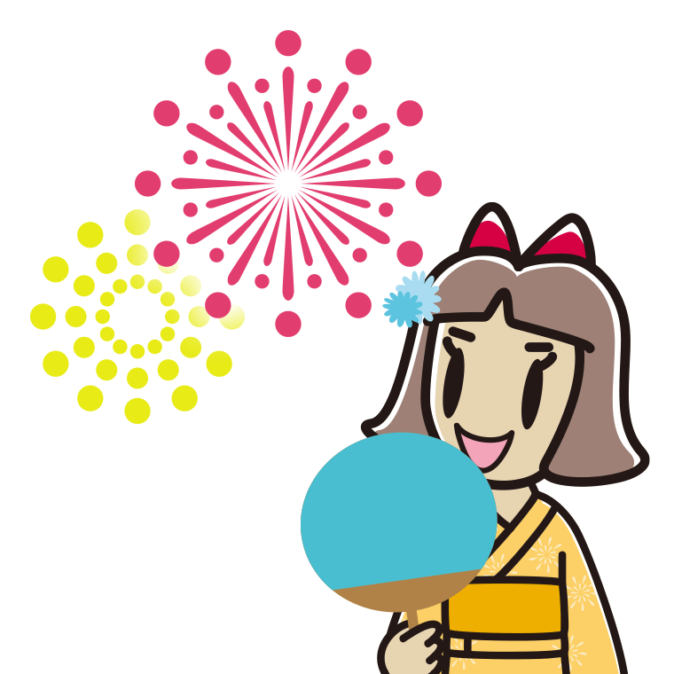 花火を見る小学生女子のイラスト【色あり、背景なし】透過PNG