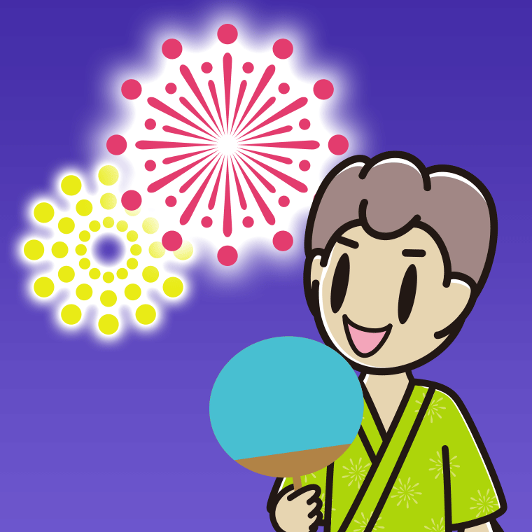 花火を見る男子中学生のイラスト【色、背景あり】PNG