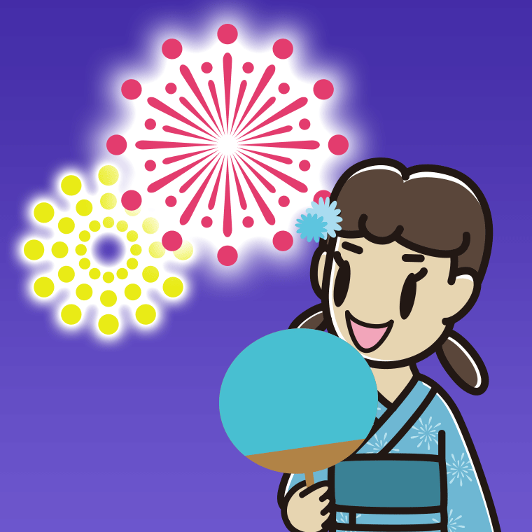 花火を見る女子中学生のイラスト【色、背景あり】PNG