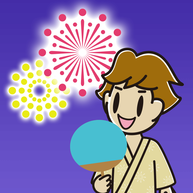 花火を見る男子高校生のイラスト【色、背景あり】PNG