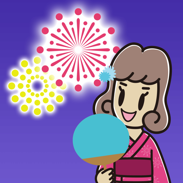 花火を見る女子大学生のイラスト【色、背景あり】PNG