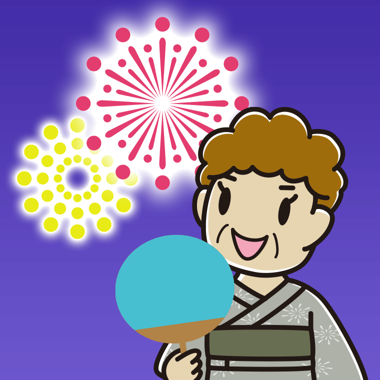 花火を見るおばさんのイラスト【色、背景あり】PNG