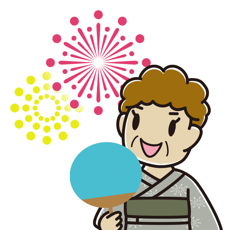 花火を見るおばさんのイラスト【色あり、背景なし】透過PNG