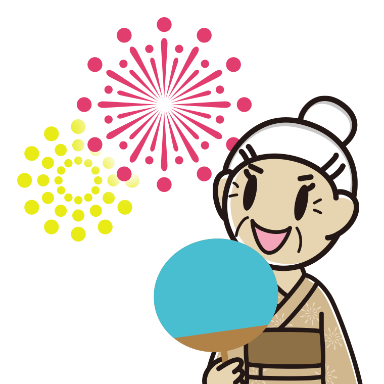 花火を見るおばあさんのイラスト【色あり、背景なし】透過PNG