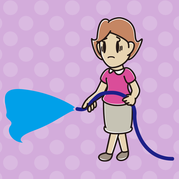 水まきで困る女性のイラスト【色、背景あり】PNG