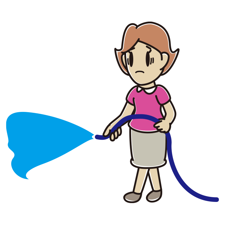 水まきで困る女性のイラスト【色あり、背景なし】透過PNG