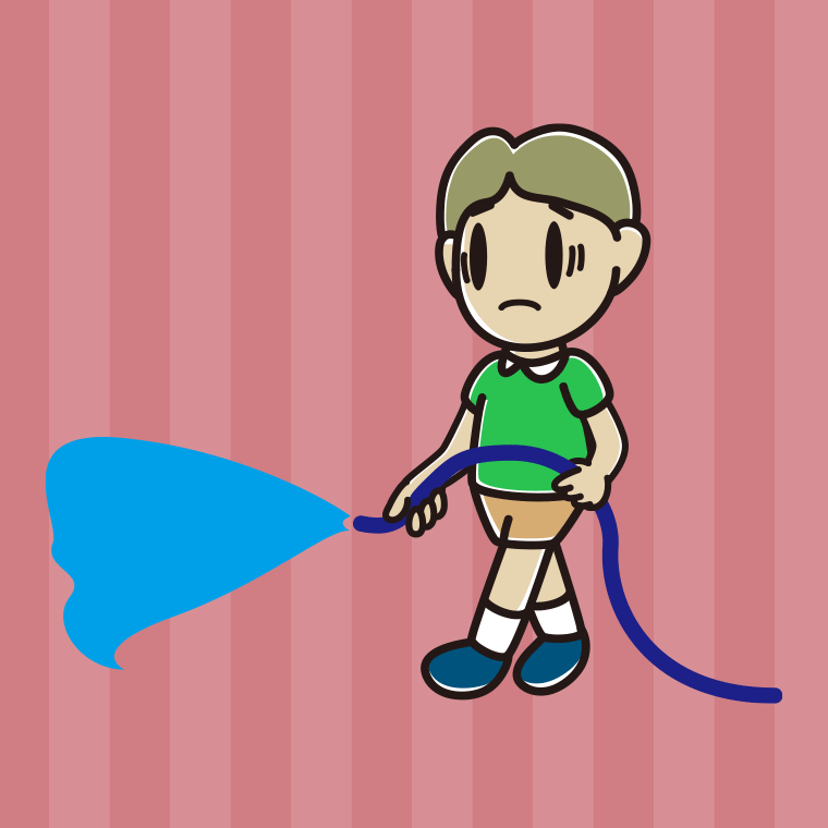 水まきで困る小学生男子のイラスト【色、背景あり】PNG