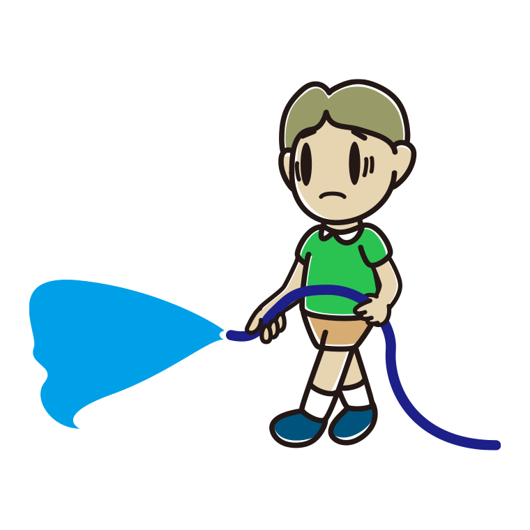 水まきで困る小学生男子のイラスト【色あり、背景なし】透過PNG