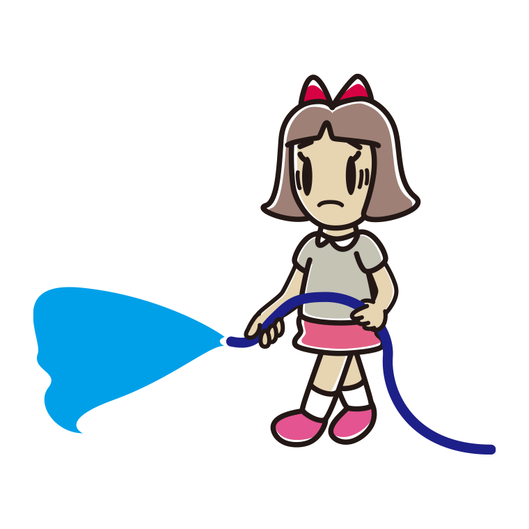 水まきで困る小学生女子のイラスト【色あり、背景なし】透過PNG