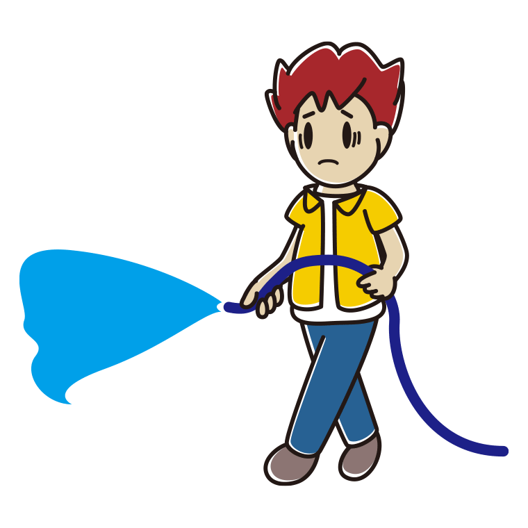 水まきで困る男子大学生のイラスト【色あり、背景なし】透過PNG