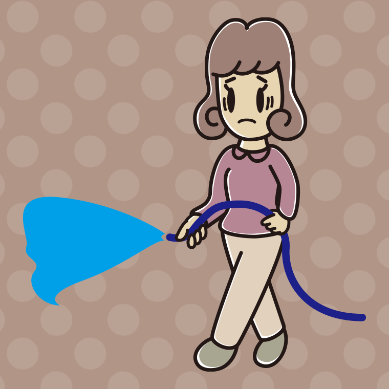 水まきで困る女子大学生のイラスト【色、背景あり】PNG