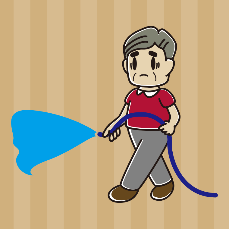 水まきで困るおじさんのイラスト【色、背景あり】PNG