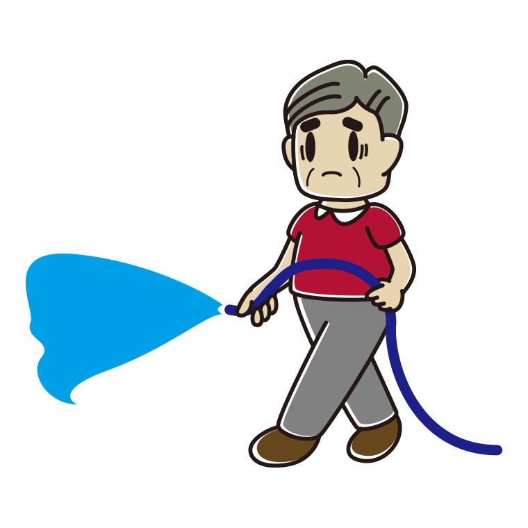 水まきで困るおじさんのイラスト【色あり、背景なし】透過PNG