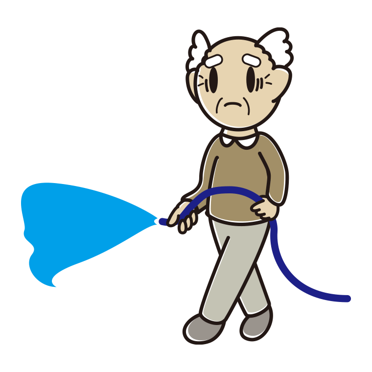 水まきで困るおじいさんのイラスト【色あり、背景なし】透過PNG