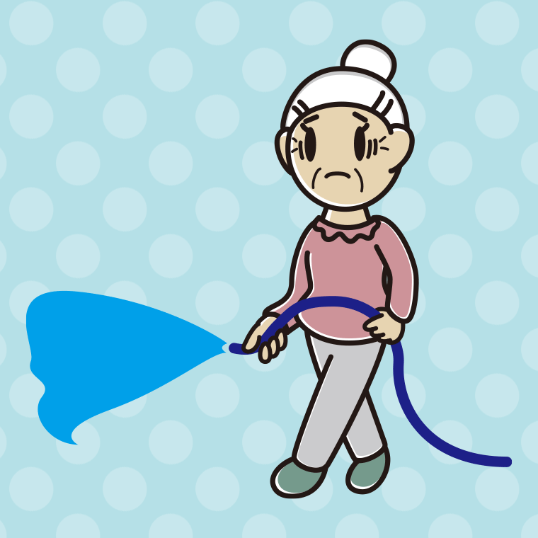水まきで困るおばあさんのイラスト【色、背景あり】PNG
