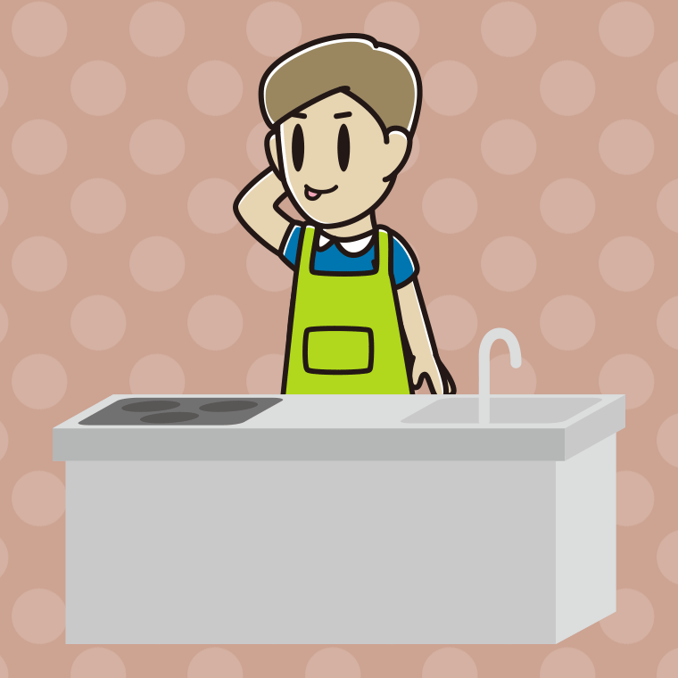 キッチンでテヘヘな男性のイラスト【色、背景あり】PNG
