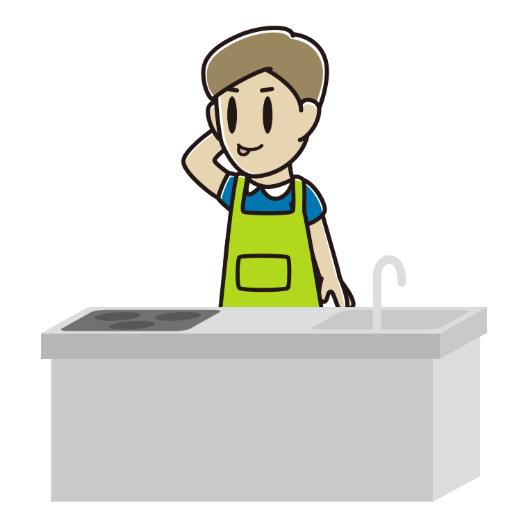 キッチンでテヘヘな男性のイラスト【色あり、背景なし】透過PNG