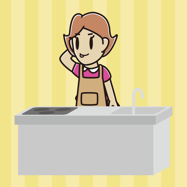 キッチンでテヘヘな女性のイラスト【色、背景あり】PNG