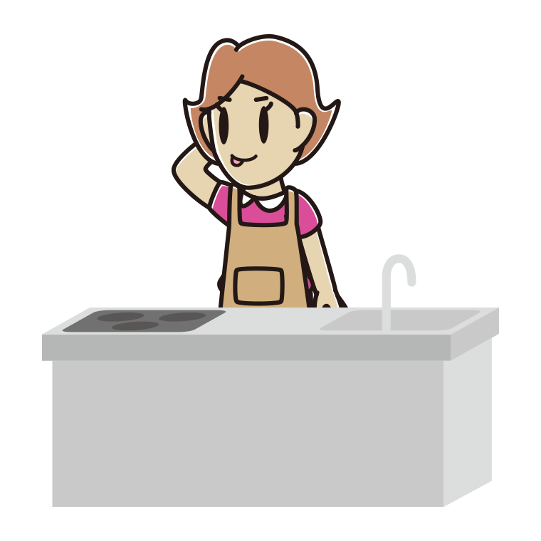 キッチンでテヘヘな女性のイラスト【色あり、背景なし】透過PNG