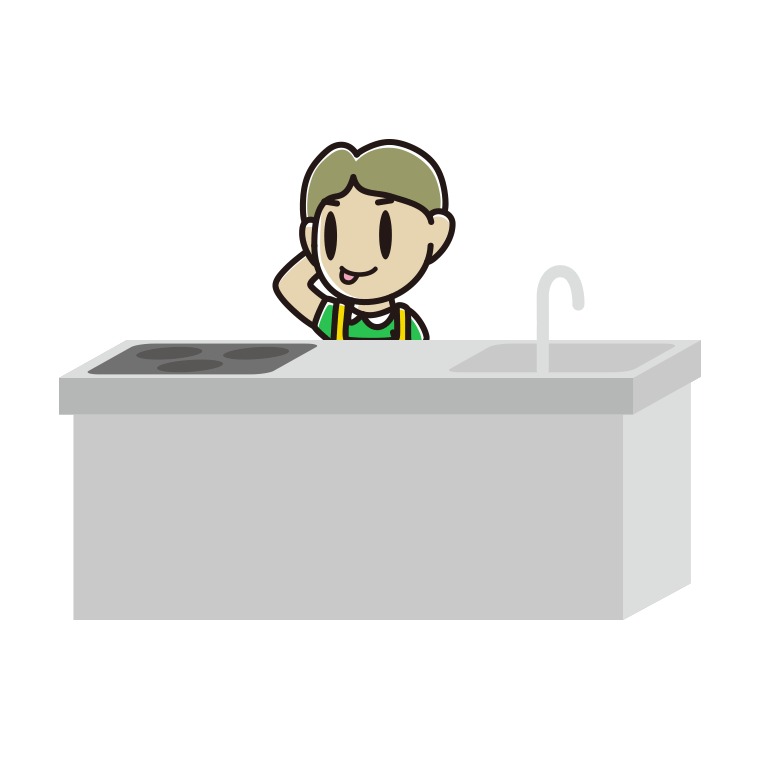 キッチンでテヘヘな小学生男子のイラスト【色あり、背景なし】透過PNG