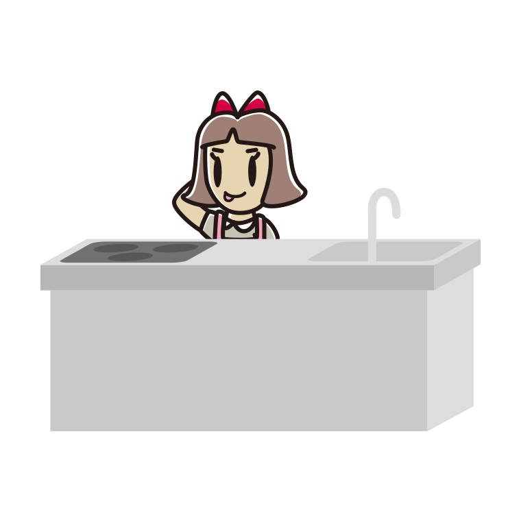 キッチンでテヘヘな小学生女子のイラスト【色あり、背景なし】透過PNG