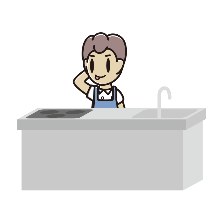 キッチンでテヘヘな男子中学生のイラスト【色あり、背景なし】透過PNG