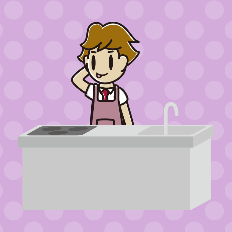 キッチンでテヘヘな男子高校生のイラスト【色、背景あり】PNG