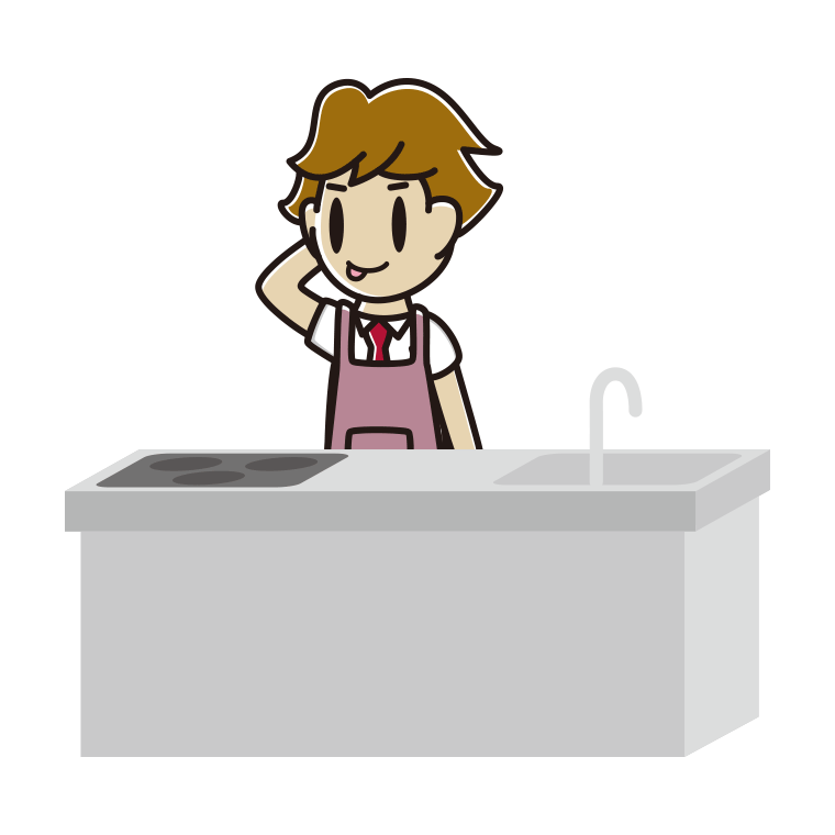 キッチンでテヘヘな男子高校生のイラスト【色あり、背景なし】透過PNG