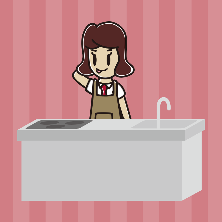キッチンでテヘヘな女子高校生のイラスト【色、背景あり】PNG
