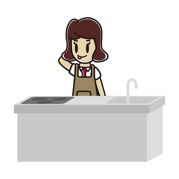 キッチンでテヘヘな女子高校生のイラスト【色あり、背景なし】透過PNG