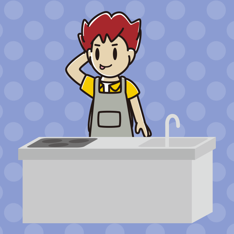 キッチンでテヘヘな男子大学生のイラスト【色、背景あり】PNG