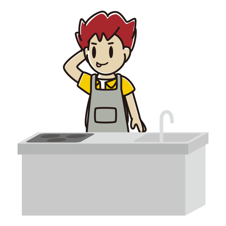 キッチンでテヘヘな男子大学生のイラスト【色あり、背景なし】透過PNG