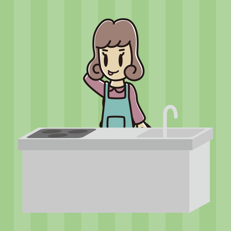 キッチンでテヘヘな女子大学生のイラスト【色、背景あり】PNG