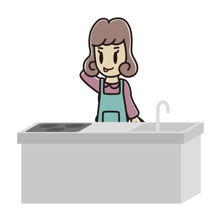 キッチンでテヘヘな女子大学生のイラスト【色あり、背景なし】透過PNG