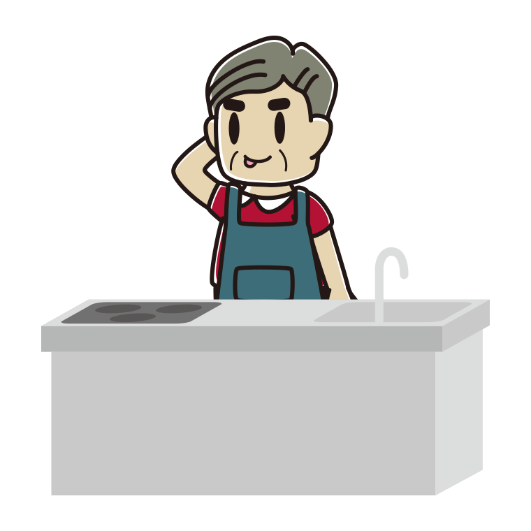 キッチンでテヘヘなおじさんのイラスト【色あり、背景なし】透過PNG