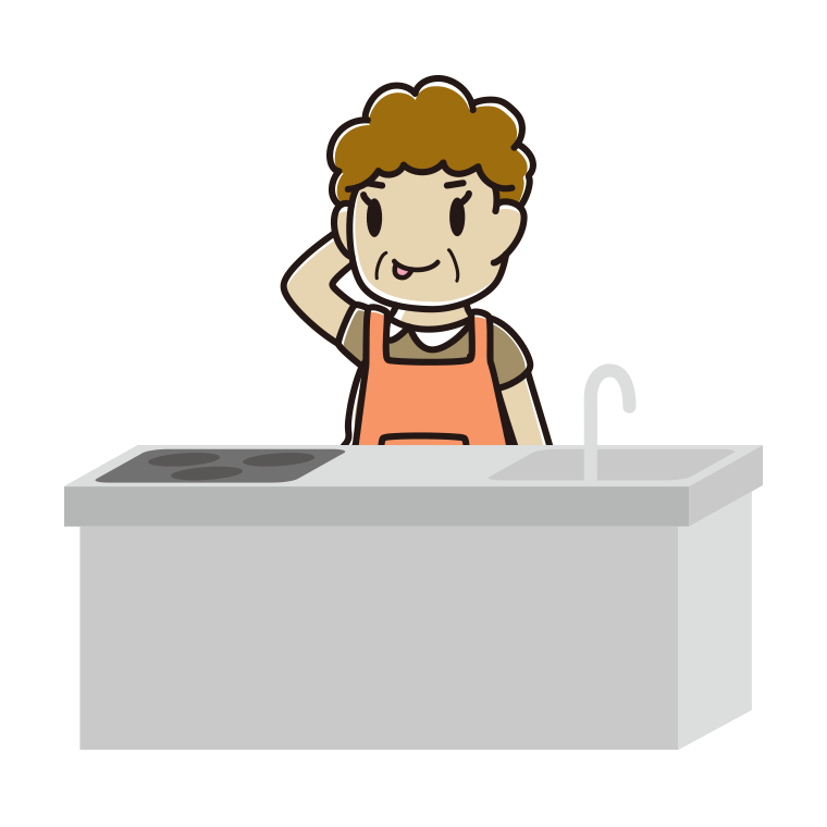 キッチンでテヘヘなおばさんのイラスト【色あり、背景なし】透過PNG