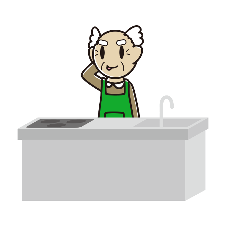 キッチンでテヘヘなおじいさんのイラスト【色あり、背景なし】透過PNG